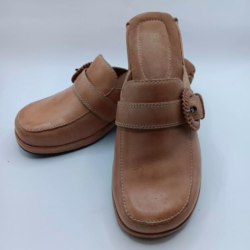 Bass Clover Shoes Womens Size 8M Tan Leather Slip On Clogs Heels Comfort Buckle - Picture 6 of 10